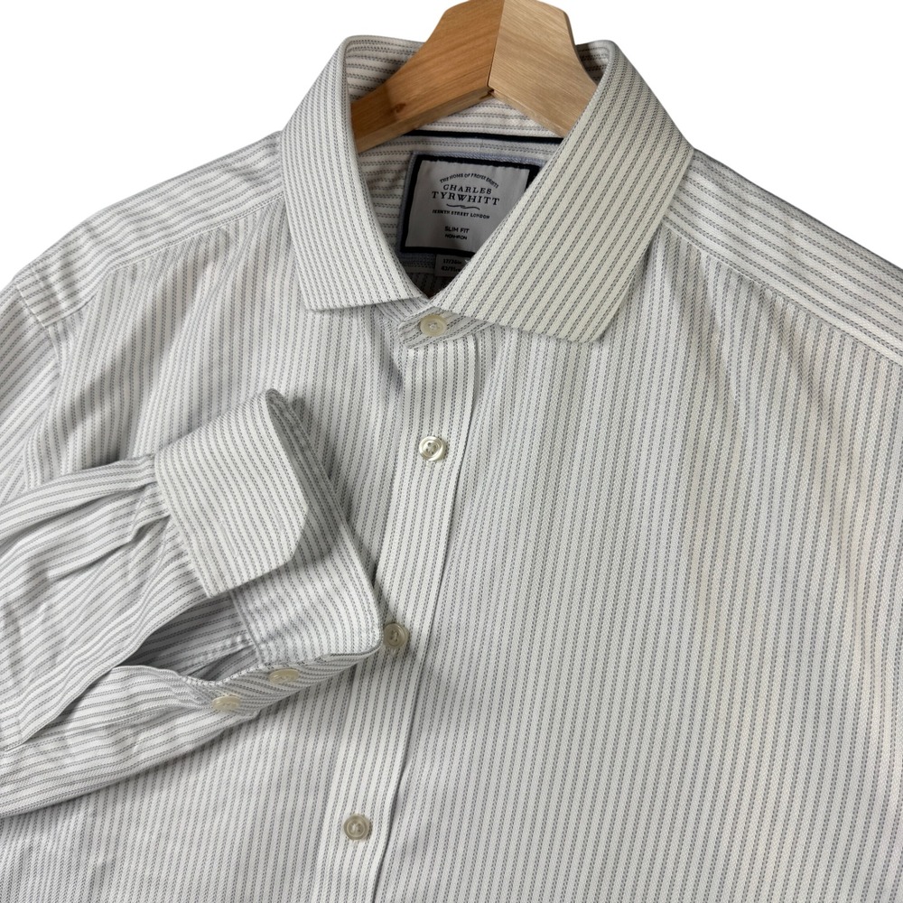 Charles Tyrwhitt Slim Fit Non-Iron Striped Cotton Dress Shirt 17/36 Blue White